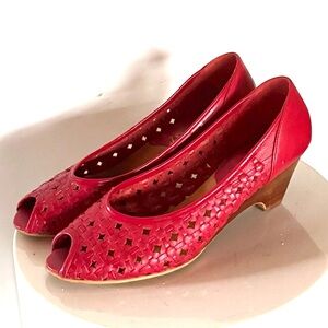 Vintage Fred West Woven Red Leather Peep Toe Pumps Heels